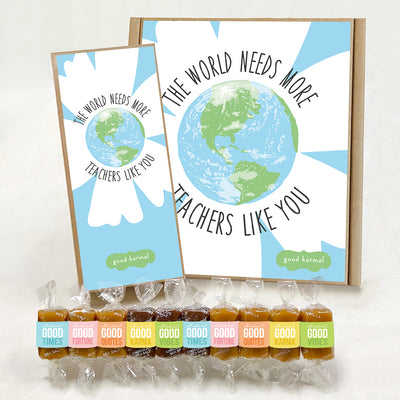 Good Karmal caramel gift box featuring an illustrated earth and flower on a blue background and the words "The world needs more teachers like you." Caramels shown are wrapped in a pastel palette and the positive words, Good Times; Good Fortune; Good Quotes; Good Karma; and Good Vibes. Sea salt, Chocolate Sea Salt and Vanilla caramels.