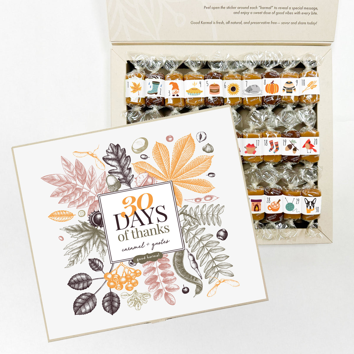 Thanksgiving gift box filled with caramel wrapped in positive