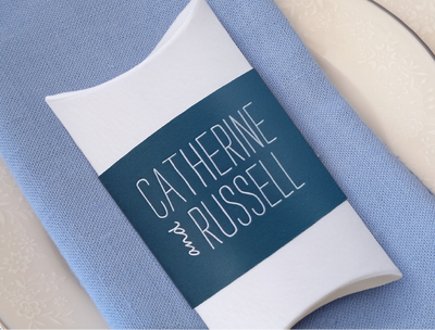 Personalized caramel favor sleeve with names and event theme colors.
