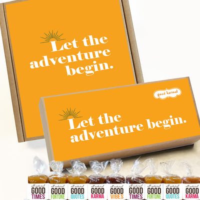 Let the adventure begin caramel gift box wrapped in quotes and good karma