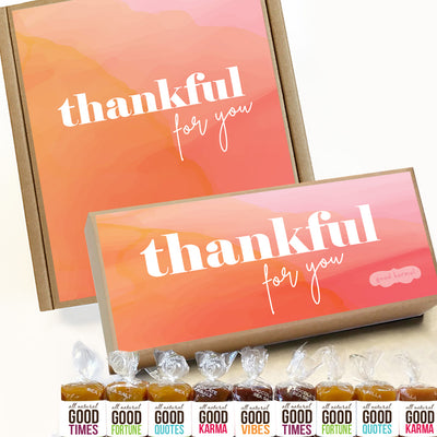 Thank you gift boxes filled with all-natural caramel wrapped in positive quotes