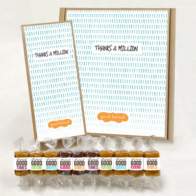 Thanks a million gift boxes filled with all-natural caramel wrapped in positive quotes