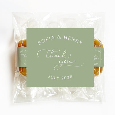 Customized caramel favor bag with a personalized label reading 'Sofia & Henry Thank you."