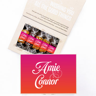 Customized Good Karmal event favor presented in a premium gift box filled with gourmet caramel. The box label and caramel wrappers feature artwork personalized with custom names and colors.