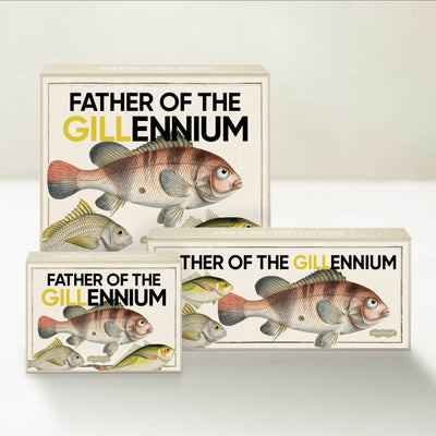Three Good Karmal caramel gift boxes that say "Father of the Gillennium" with a whimsical illustration of fish. 