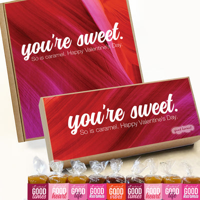 Red Valentine caramel gift box that says "You're Sweet. So is caramel. Happy Valentine's Day." shown with caramel.