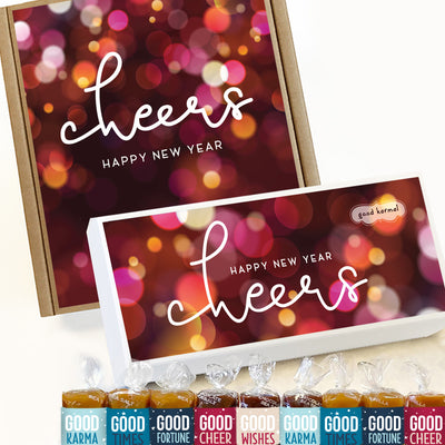 Cheers Happy New Year caramel candy wrapped in positive quotes for new year's gifts