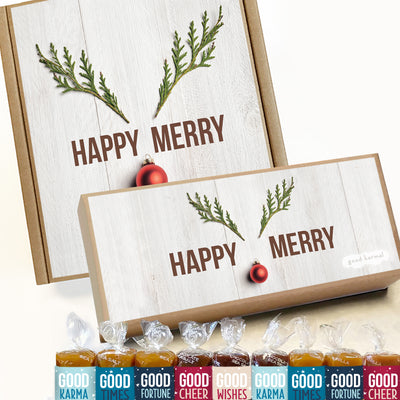 Happy Merry Reindeer caramel candy wrapped in positive quotes holiday gift box