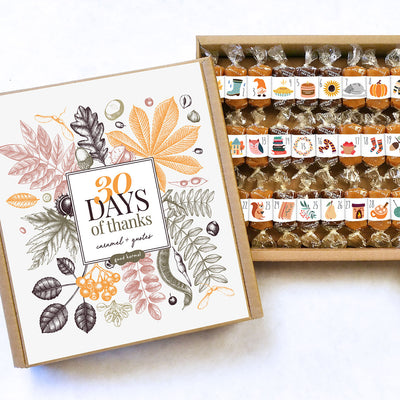 All-natural caramel Thanksgiving holiday gifts wrapped in positive thoughts of gratitude and charming, cozy hygge images of autumn.