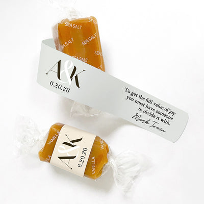 Personalized caramel wrapper with initials and wedding date and a quotation by Mark Twain.