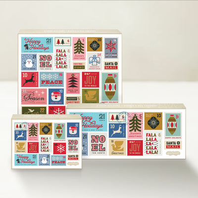 Three Good Karmal caramel gift boxes featuring decorative holiday-themed stamps and a North Pole postage mark.