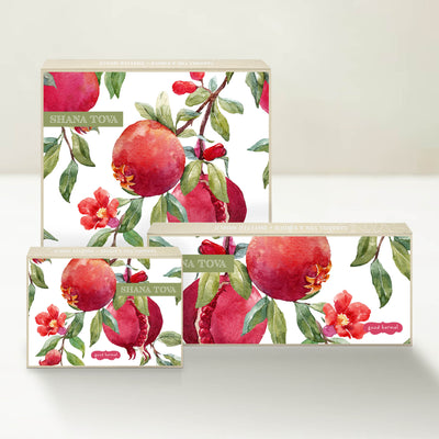 Three Good Karmal caramel gift boxes featuring fruit and wishing Shana Tova. A sweet way to celebrate Rosh Hashanah.