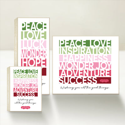 Three Good Karmal caramel gift boxes wishing you all the good things, including peace, love, joy, and more.