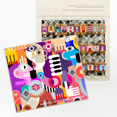 A colorful box of the Caramel + Questions Game Box with various wrapped caramels and colorful illustrations, alongside an open box displaying the caramels inside with different questions attached to each.