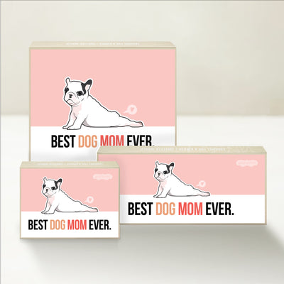 Three Good Karmal caramel gift boxes that say "Best Dog Mom Ever" with a whimsical illustration of a dog.