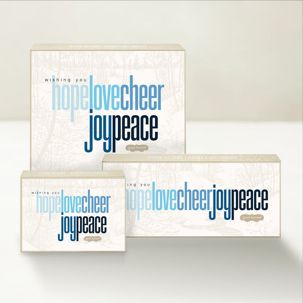 Hope Love Cheer Joy Peace caramel gift box full of gourmet treats
