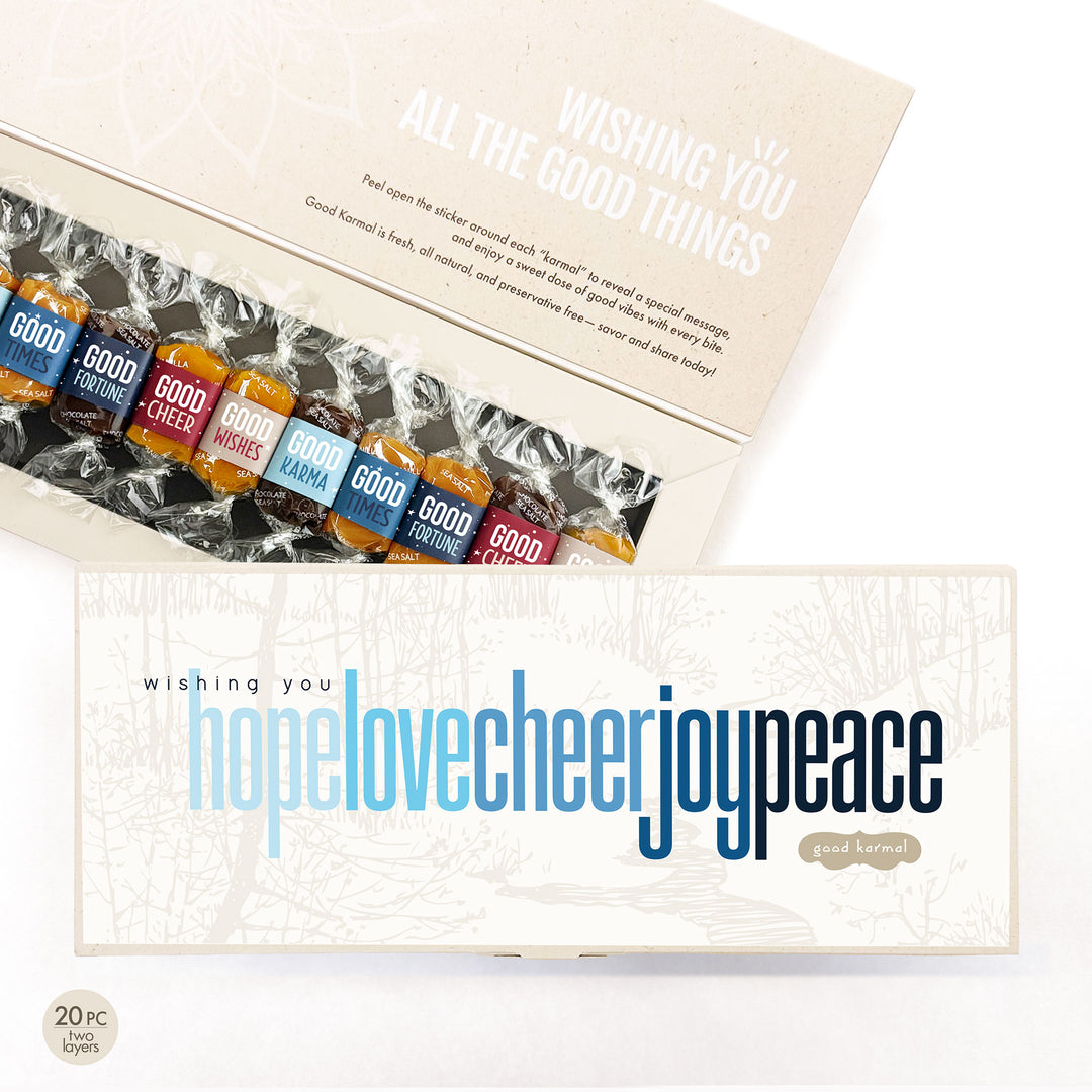 Hope Love Cheer Joy Peace caramel gift box full of gourmet treats