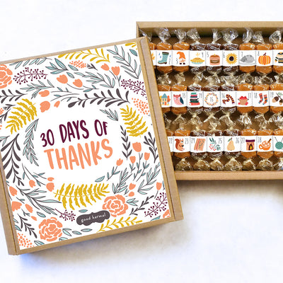All-natural caramel Thanksgivin gifts wrapped in positive thoughts of gratitude and charming, cozy hygge images of autumn