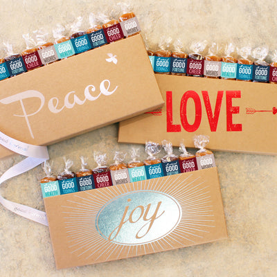 Peace Love Joy caramels wrapped in positive quotes for hoiday gifts