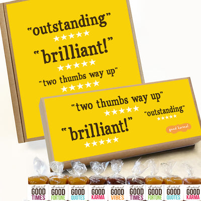 Good Karmal caramel wrapped in positive quotes shown with gift boxes that say "outstanding" with five stars; "two thumbs way up" with stars and "brilliant!" with five stars. 