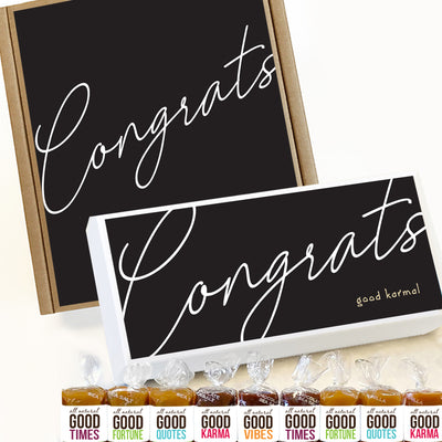 All-natural caramel Congratulations gifts wrapped in positive quotes and good karma