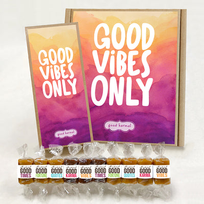 Good Vibes Only caramel gift box wrapped in positive quotes for difficult times