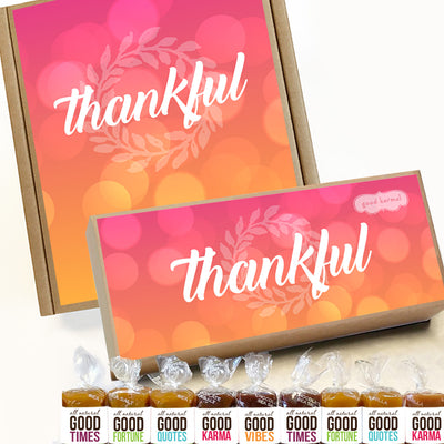Thankful gift boxes filled with all-natural caramel wrapped in positive quotes
