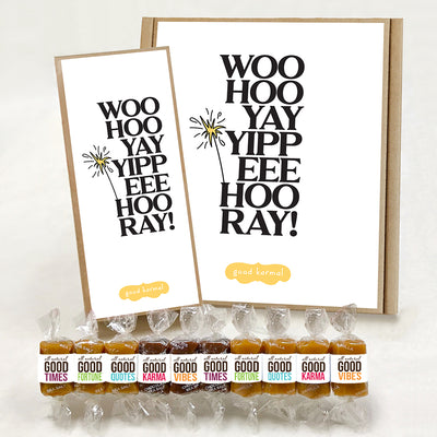All-natural creamy caramels wrapped in positive quotes in a gift box that says Woo Hoo Yay Yippee Hooray! A thoughtful graduation gift, retirement gift, new baby gift, new job gift, new home gift, congratulations gift.