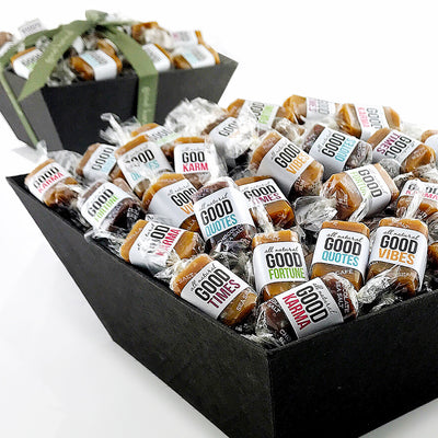 Good karma caramel gift basket filled with positive quotes